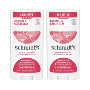 Schmidt's Aluminum Free Natural Deodorant Coconut & Kaolin Clay 2-pk for Women and Men, with 24 Hour Odor Protection, Certified Natural, Cruelty Free, Vegan Deodorant 2.65oz