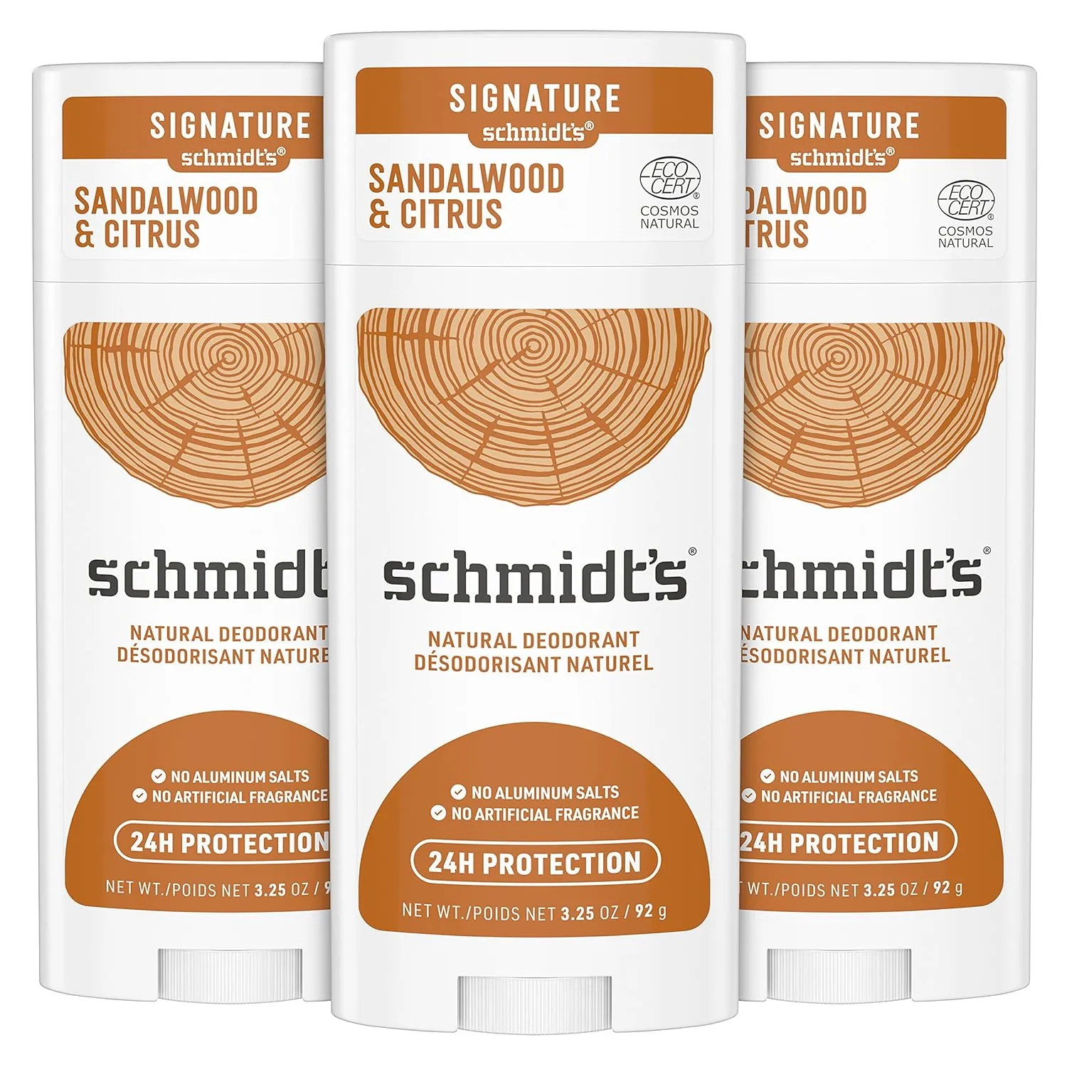 Schmidt's Aluminum Free Natural Deodorant for Women and Men, Sandalwood & Citrus with 24 Hour Odor Protection, Certified Natural, Vegan, Cruelty Free 3.25 oz, 3 pack