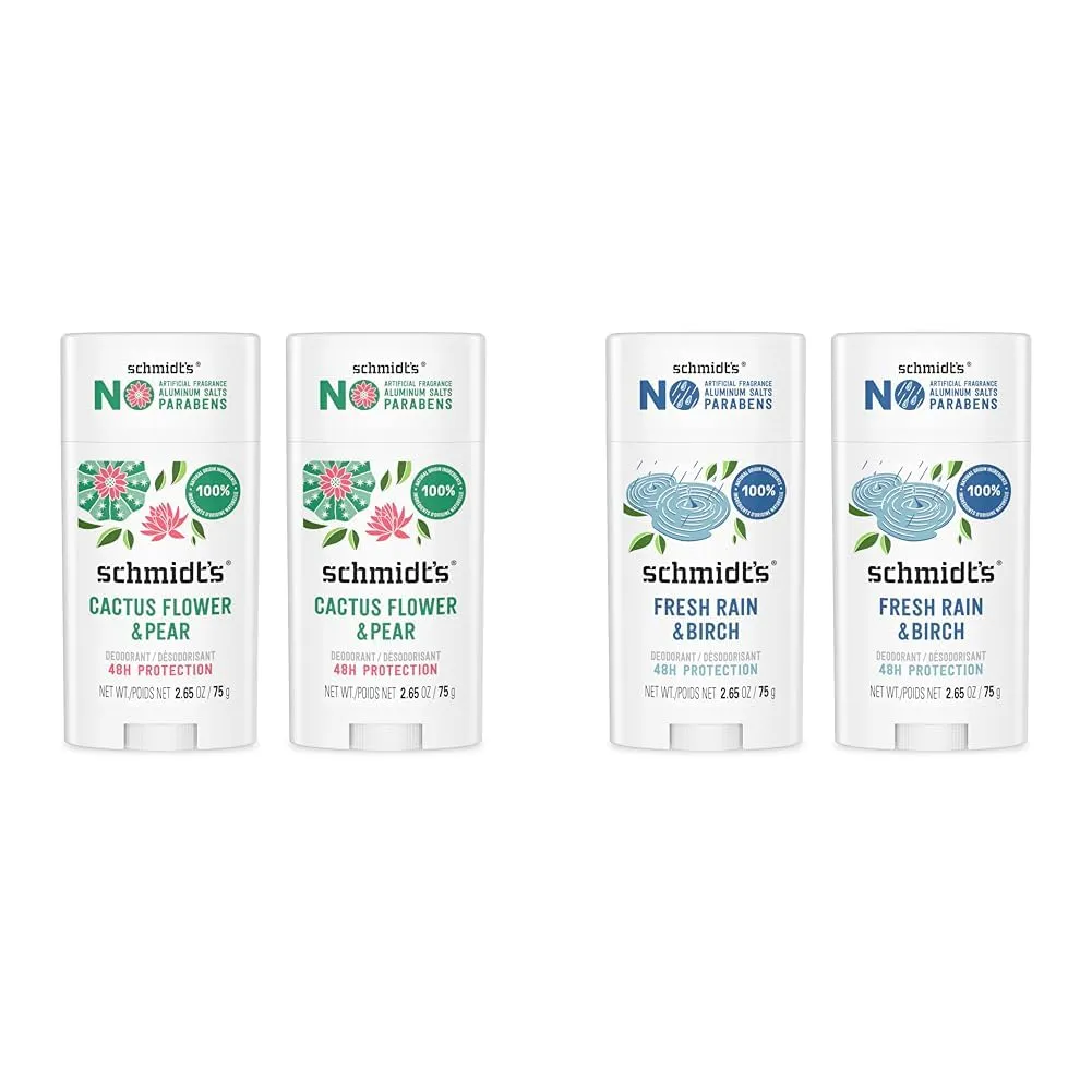 Schmidt's Aluminum-Free Vegan Deodorant Cactus Flower & Pear and Fresh Rain & Birch, 2 Count Each, 2.65 oz