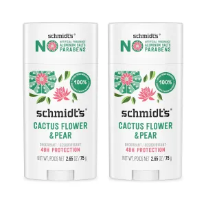 Schmidt's Aluminum-Free Vegan Deodorant Cactus Flower & Pear with 24-Hour Odor Protection, 2 Count for Women and Men, Natural Ingredients, Cruelty-Free, 2.65 oz