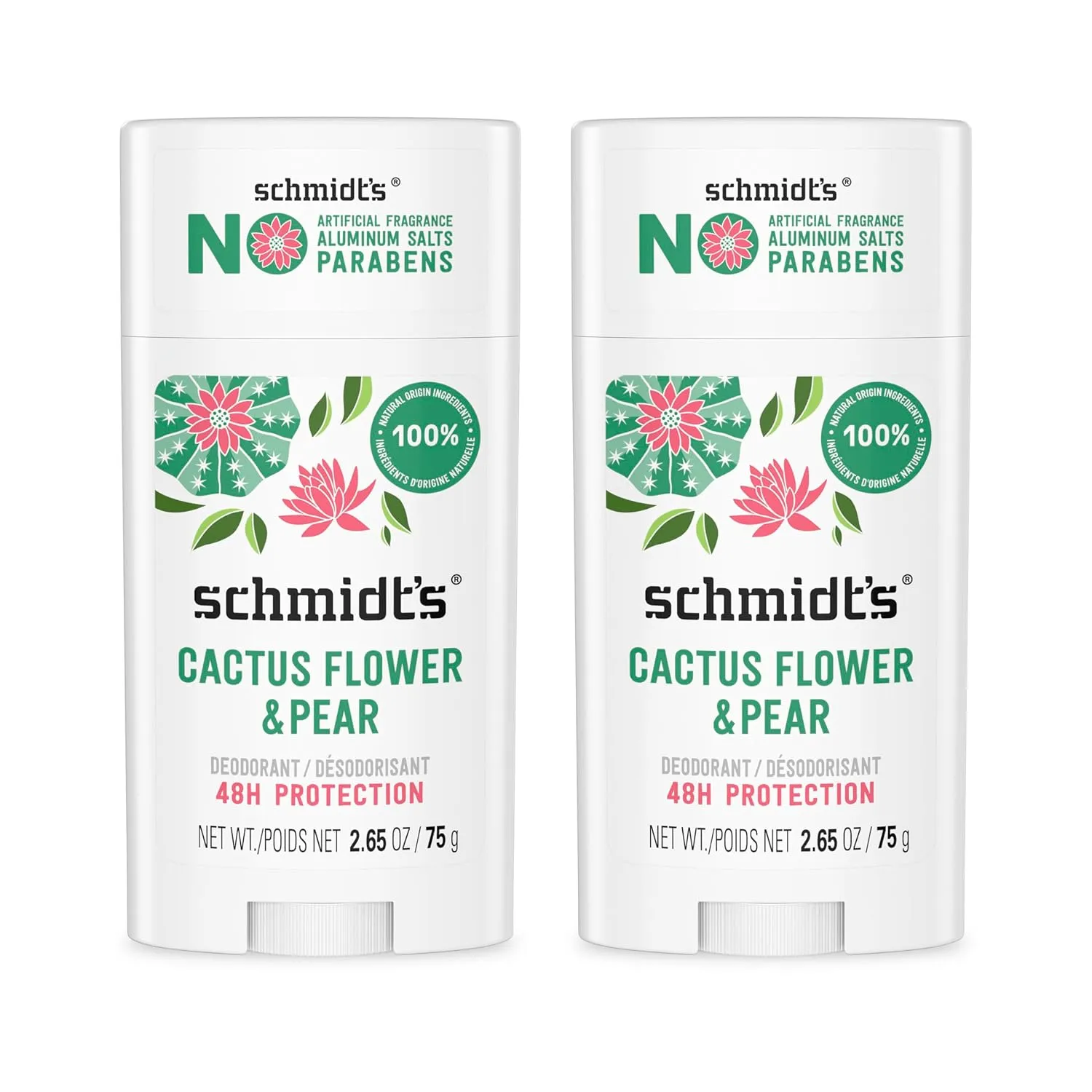 Schmidt's Aluminum-Free Vegan Deodorant Cactus Flower & Pear with 24-Hour Odor Protection, 2 Count for Women and Men, Natural Ingredients, Cruelty-Free, 2.65 oz
