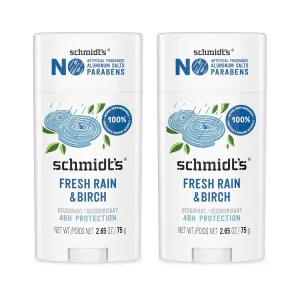 Schmidt's Aluminum-Free Vegan Deodorant Fresh Rain & Birch with 24 Hour Odor Protection, 2 Count for Women and Men, Natural Ingredients, Cruelty-Free, 2.65 oz