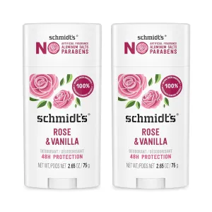 Schmidt's Aluminum-Free Vegan Deodorant Rose & Vanilla with 24 Hour Odor Protection 2 Count for Women and Men, Natural Ingredients, Cruelty-Free, 2.65 oz