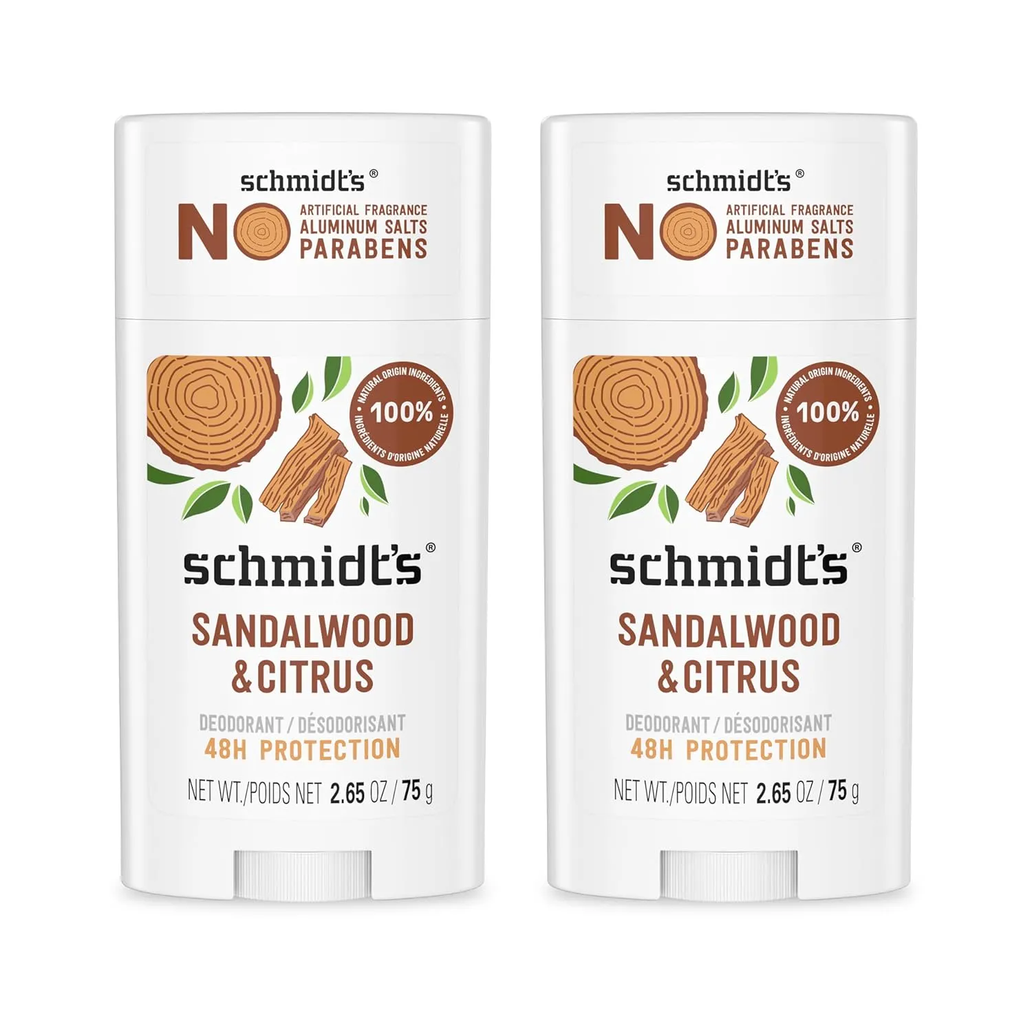Schmidt's Aluminum-Free Vegan Deodorant Sandalwood & Citrus 2 Count for Women and Men, with 24 Hour Odor Protection, Natural Ingredients, Cruelty-Free, 2.65 oz