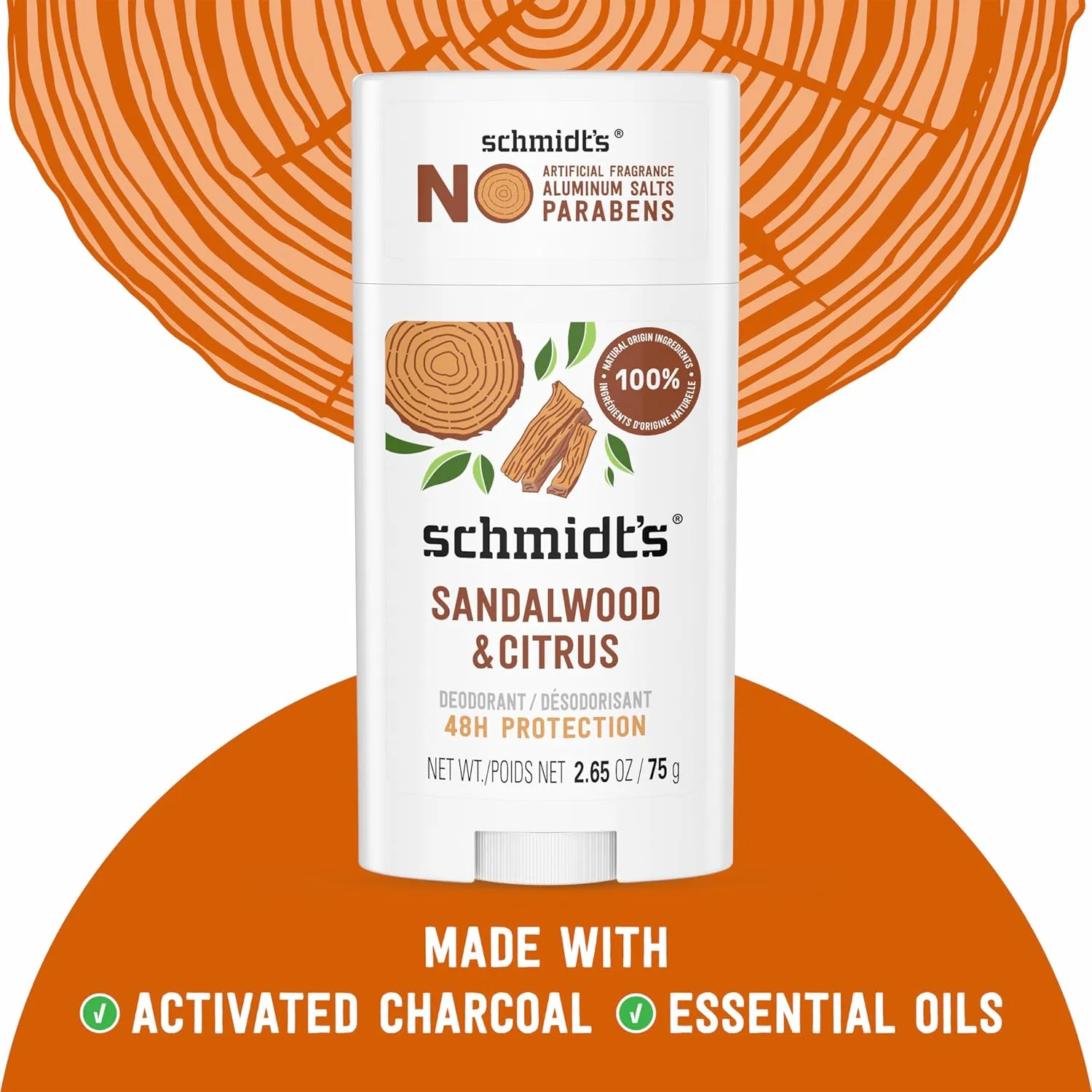 Schmidt's Aluminum-Free Vegan Deodorant Sandalwood & Citrus 2 Count for Women and Men, with 24 Hour Odor Protection, Natural Ingredients, Cruelty-Free, 2.65 oz