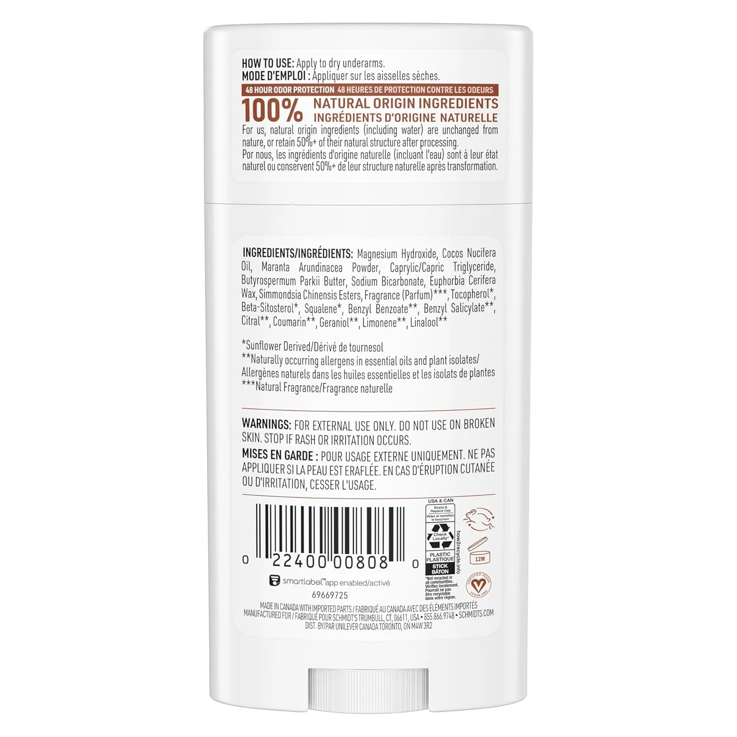 Schmidt's Aluminum-Free Vegan Deodorant Sandalwood & Citrus 2 Count for Women and Men, with 24 Hour Odor Protection, Natural Ingredients, Cruelty-Free, 2.65 oz