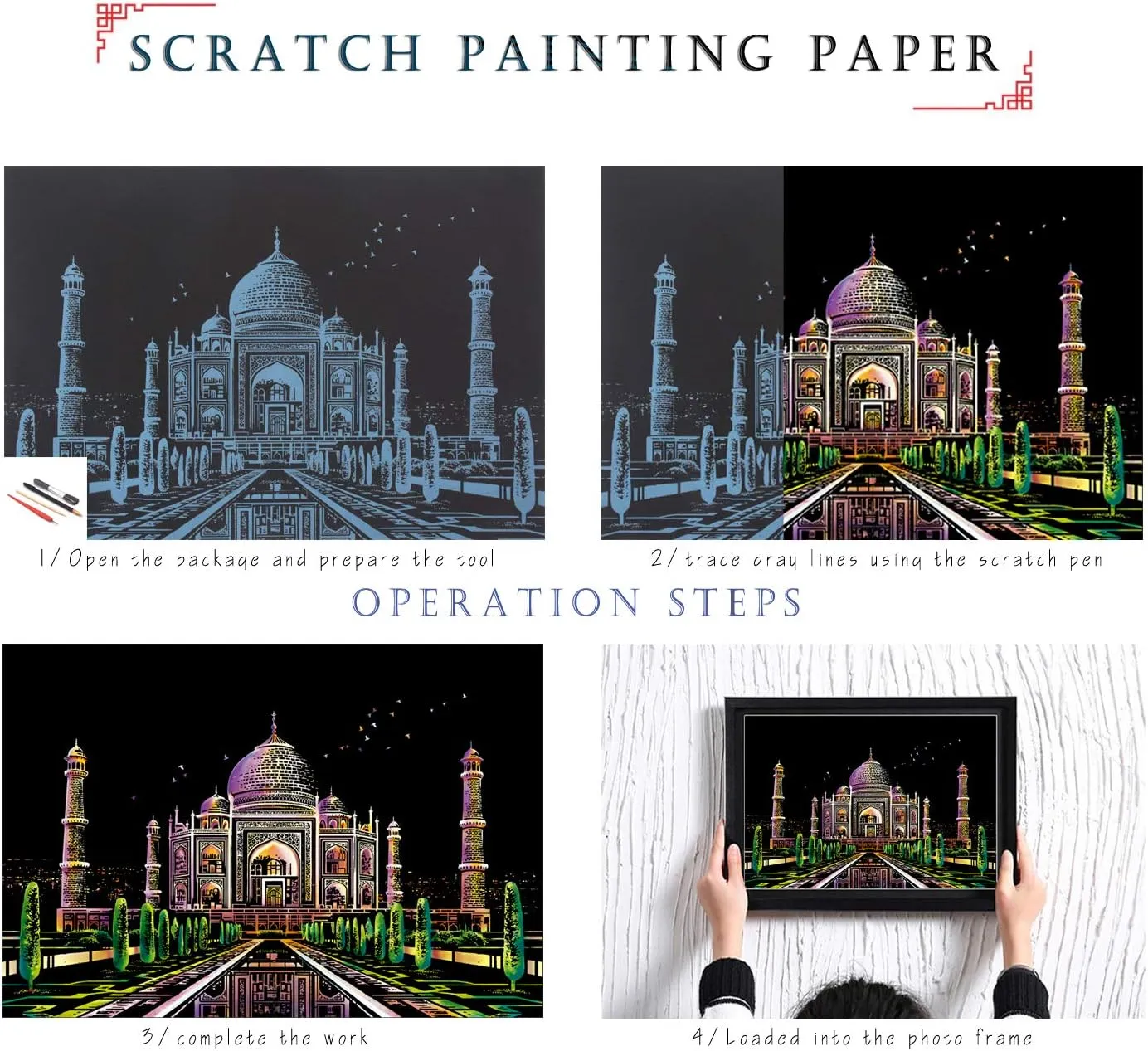 Scratch Rainbow Painting Art Paper Scratch Art for Kids & Adults DIY Gifts&Arts Craft Kits with 4 Tools 16''x11''