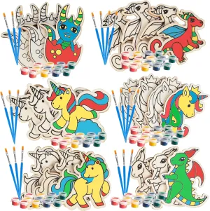SCS Direct Kids Party Wood Painting Craft Kits (20ct) -Unicorns & Dragons- Each Kit Has its Own Brush, Paint, & Figure- Unique Birthday Party Activity, Favors or Classroom School Activity Gift