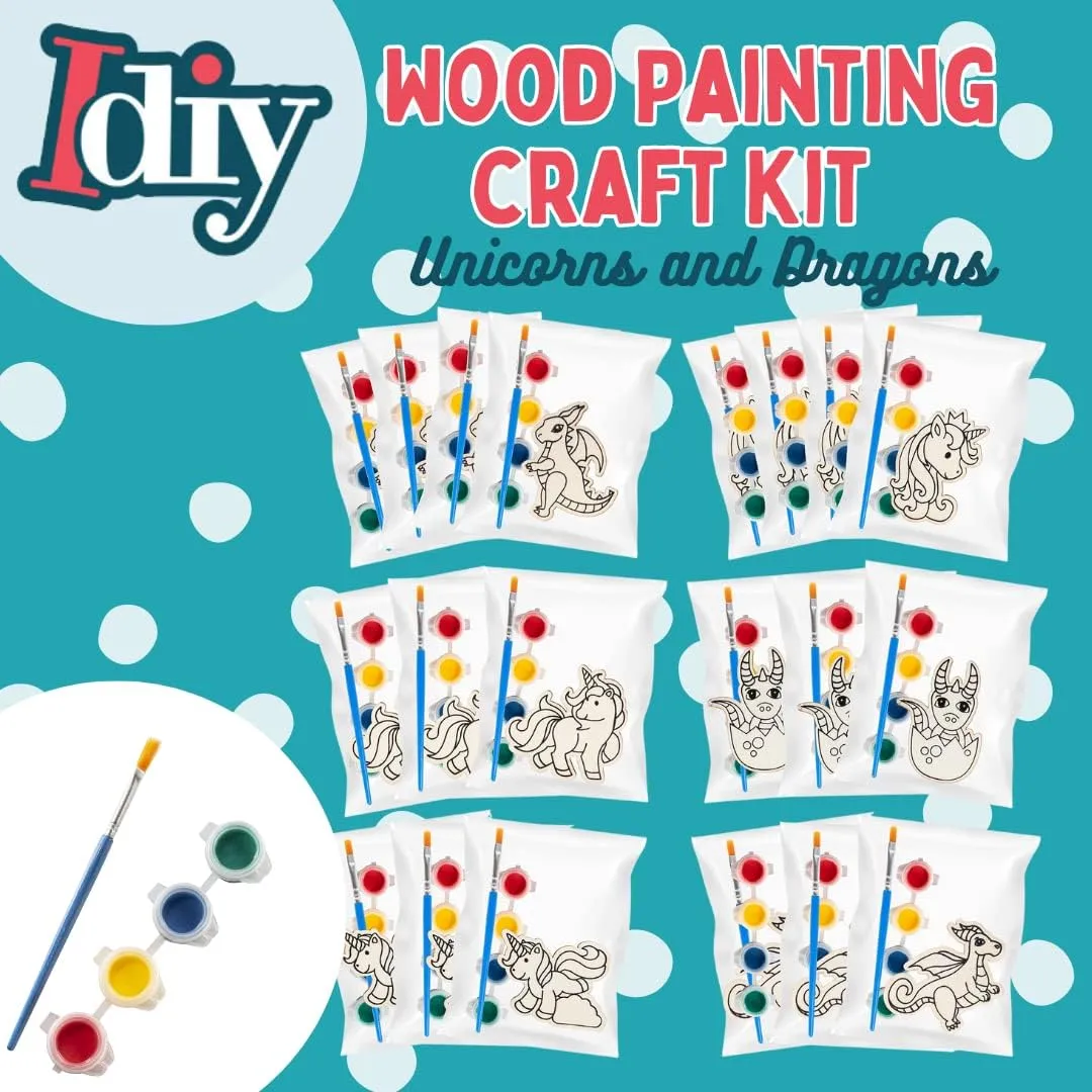 SCS Direct Kids Party Wood Painting Craft Kits (20ct) -Unicorns & Dragons- Each Kit Has its Own Brush, Paint, & Figure- Unique Birthday Party Activity, Favors or Classroom School Activity Gift