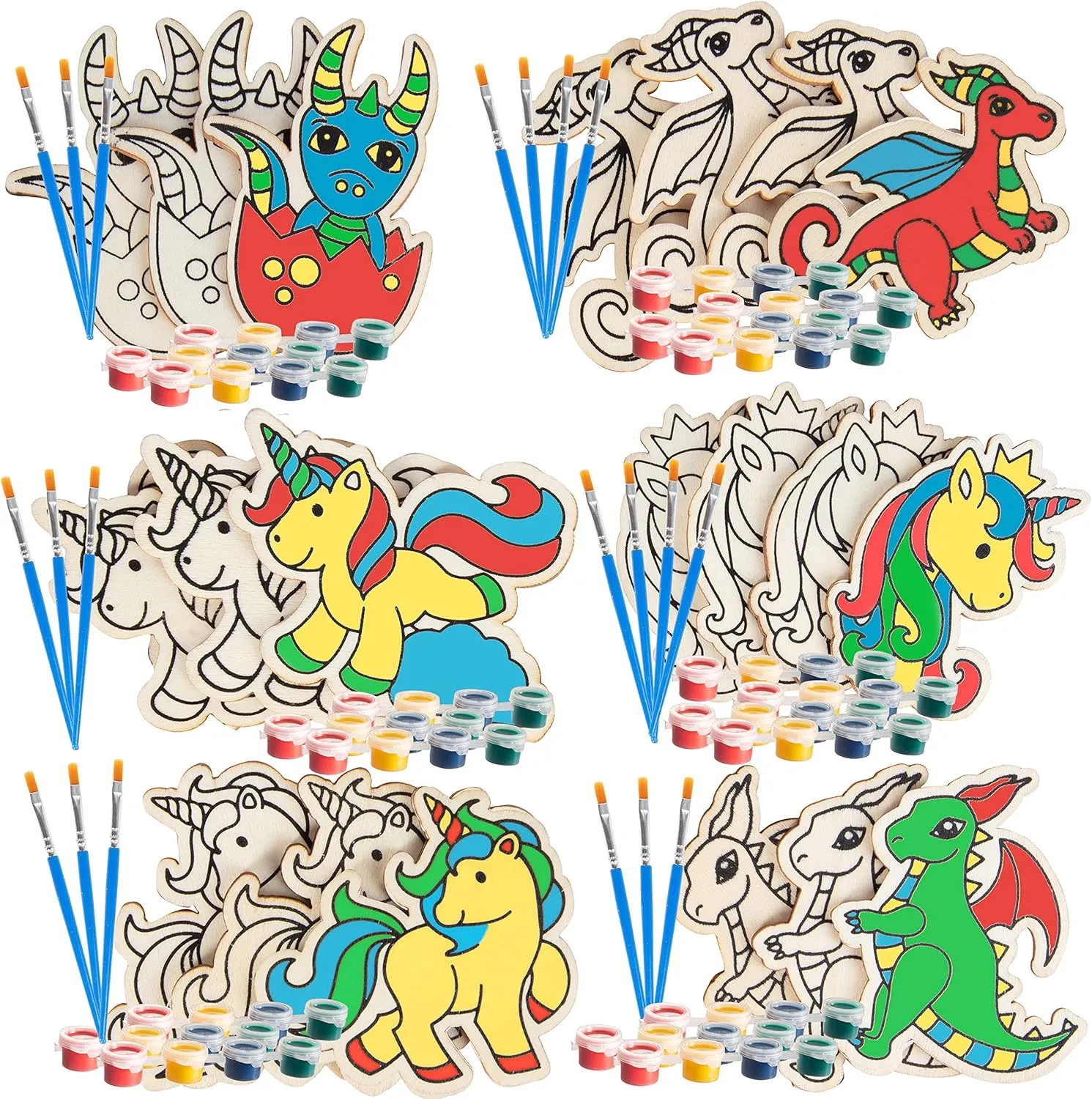SCS Direct Kids Party Wood Painting Craft Kits (20ct) -Unicorns & Dragons- Each Kit Has its Own Brush, Paint, & Figure- Unique Birthday Party Activity, Favors or Classroom School Activity Gift