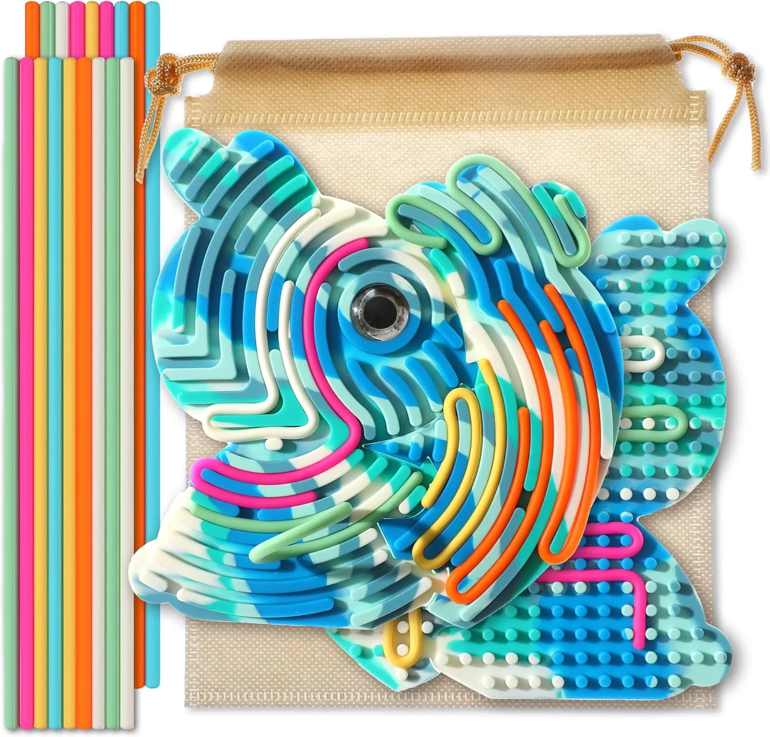 Sensory Activity Board ，Silicone Fidget Toy for Calming, Quiet Sensory Toys for Kids 3  & Adults, Stress/Anxiety/ADHD & Autism Calming Toy , Includes Travel Bag & 18 Strings（Blue-White，Rabbit）