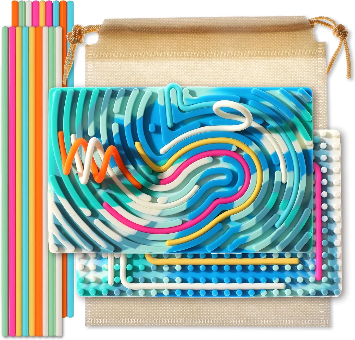 Sensory Activity Board ，Silicone Fidget Toy for Calming, Quiet Sensory Toys for Kids 3  & Adults, Stress/Anxiety/ADHD & Autism Calming Toy , Includes Travel Bag & 18 Strings（Blue-White，Rectangle）