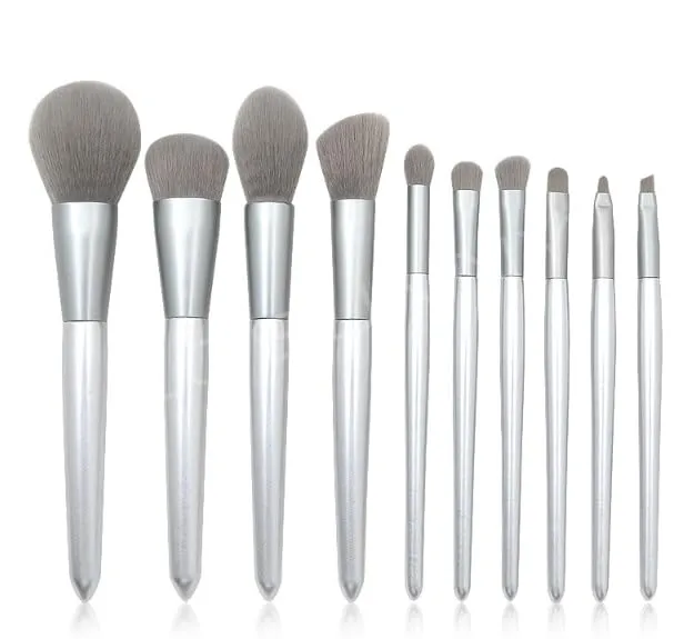 set makeup conical 10pcs brush wooden mouthpiece silver and handle handle Brush Makeup Kits for Beginners (Silver, One Size)