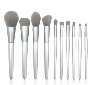 set makeup conical 10pcs brush wooden mouthpiece silver and handle handle Brush Makeup Kits for Beginners (Silver, One Size)