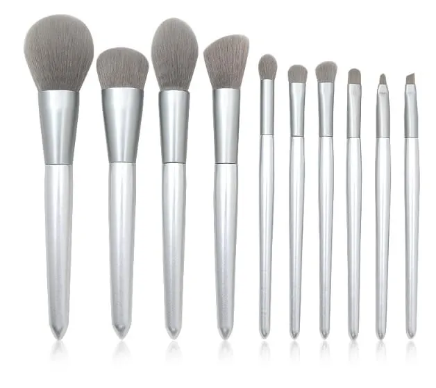 set makeup conical 10pcs brush wooden mouthpiece silver and handle handle Brush Makeup Kits for Beginners (Silver, One Size)