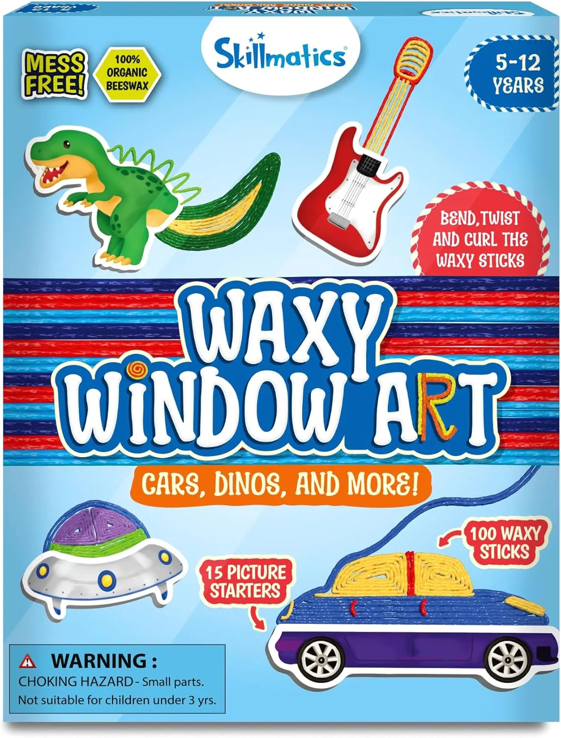 Skillmatics Waxy Window Art - 100 Bendable Waxy Sticks for Mess-Free DIY Fun, Reusable 100% Organic Beeswax Craft Kit, Travel Friendly, Creative Gifts for Girls & Boys Ages 5, 6, 7, 8, 9, 10, 11, 12