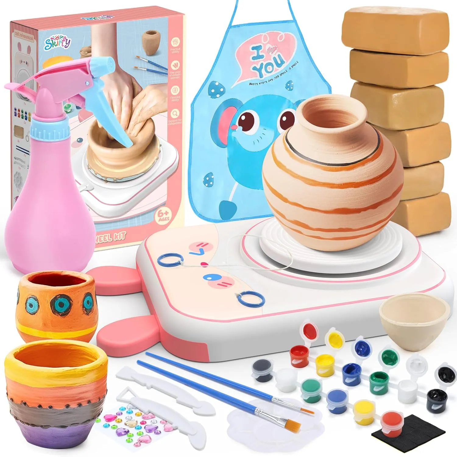 Skirfy Pottery Wheel for Kids-Art&Crafts Kits for Kids Ages 9-12 Clay Sculpting Tools & Painting Kit,Easter Birthday Gift Girls Toys 8-10,DIY Kits Clay Maker for Beginners with 6 Packs Modeling Clays