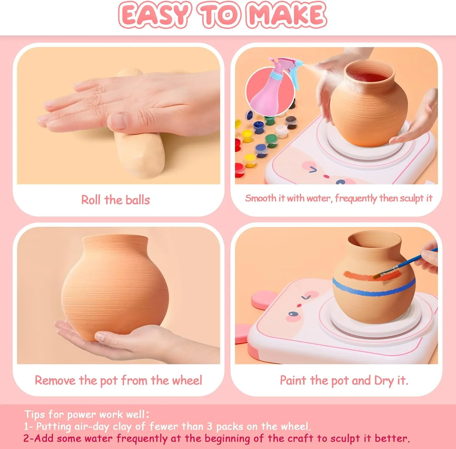 Skirfy Pottery Wheel for Kids-Art&Crafts Kits for Kids Ages 9-12 Clay Sculpting Tools & Painting Kit,Easter Birthday Gift Girls Toys 8-10,DIY Kits Clay Maker for Beginners with 6 Packs Modeling Clays