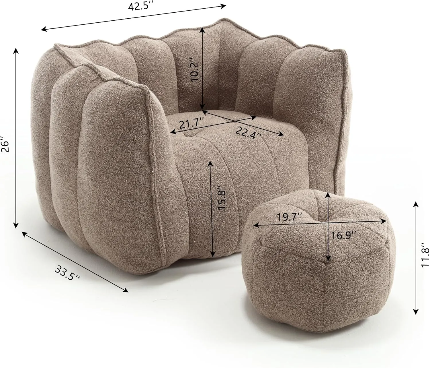 Soft Bean Bag Chair with High Resilient Sponge Filler & Footstool Comfy Couch for Adults and Kids Lazy Sofa for Living Room and Bedroom Suitable for Gaming Reading and Watching TV (Coffee)