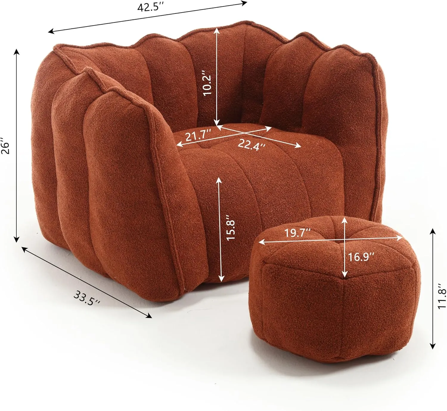 Soft Bean Bag Chair with High Resilient Sponge Filler & Footstool Comfy Couch for Adults and Kids Lazy Sofa for Living Room and Bedroom Suitable for Gaming Reading and Watching TV (Red Brown)