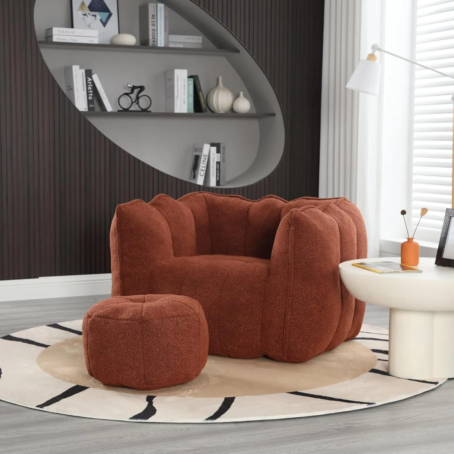 Soft Bean Bag Chair with High Resilient Sponge Filler & Footstool Comfy Couch for Adults and Kids Lazy Sofa for Living Room and Bedroom Suitable for Gaming Reading and Watching TV (Red Brown)