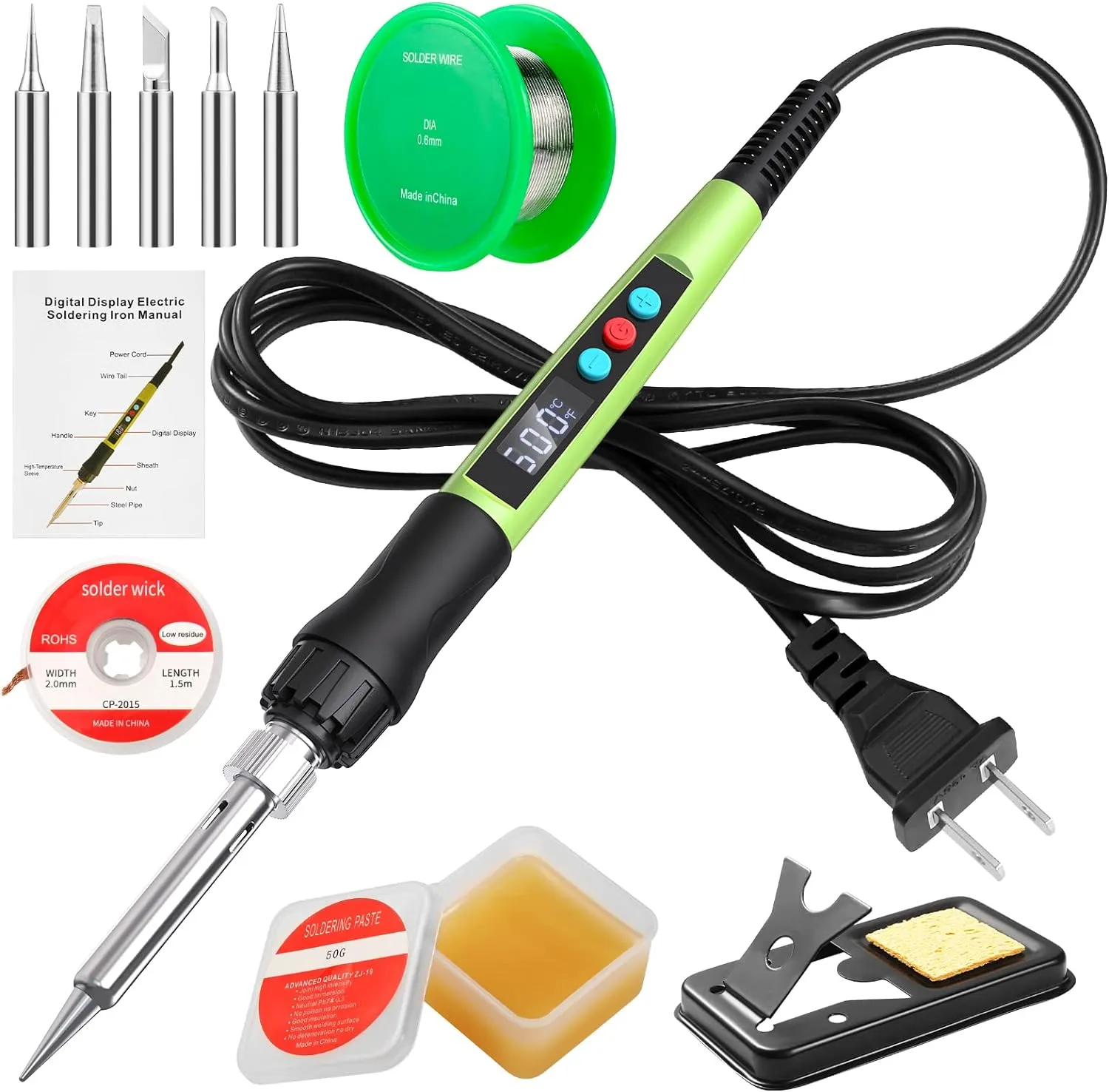 Soldering Iron Kit, 100W LED Digital Solder Gun kits with Ceramic Heater, Adjustable Temperature Welding Tools with Tips, Wick Braid, Stand, Solders Wire, Sponge, Flux Paste