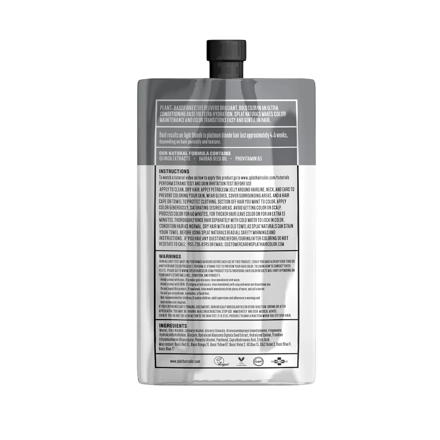 Splat Naturals Semi-Permanent Hair Color, Dark Silver, 6 fl. oz., 95% Natural Hair Dye Formula Lasts Up to 30 Washes, Vegan & Cruelty-Free