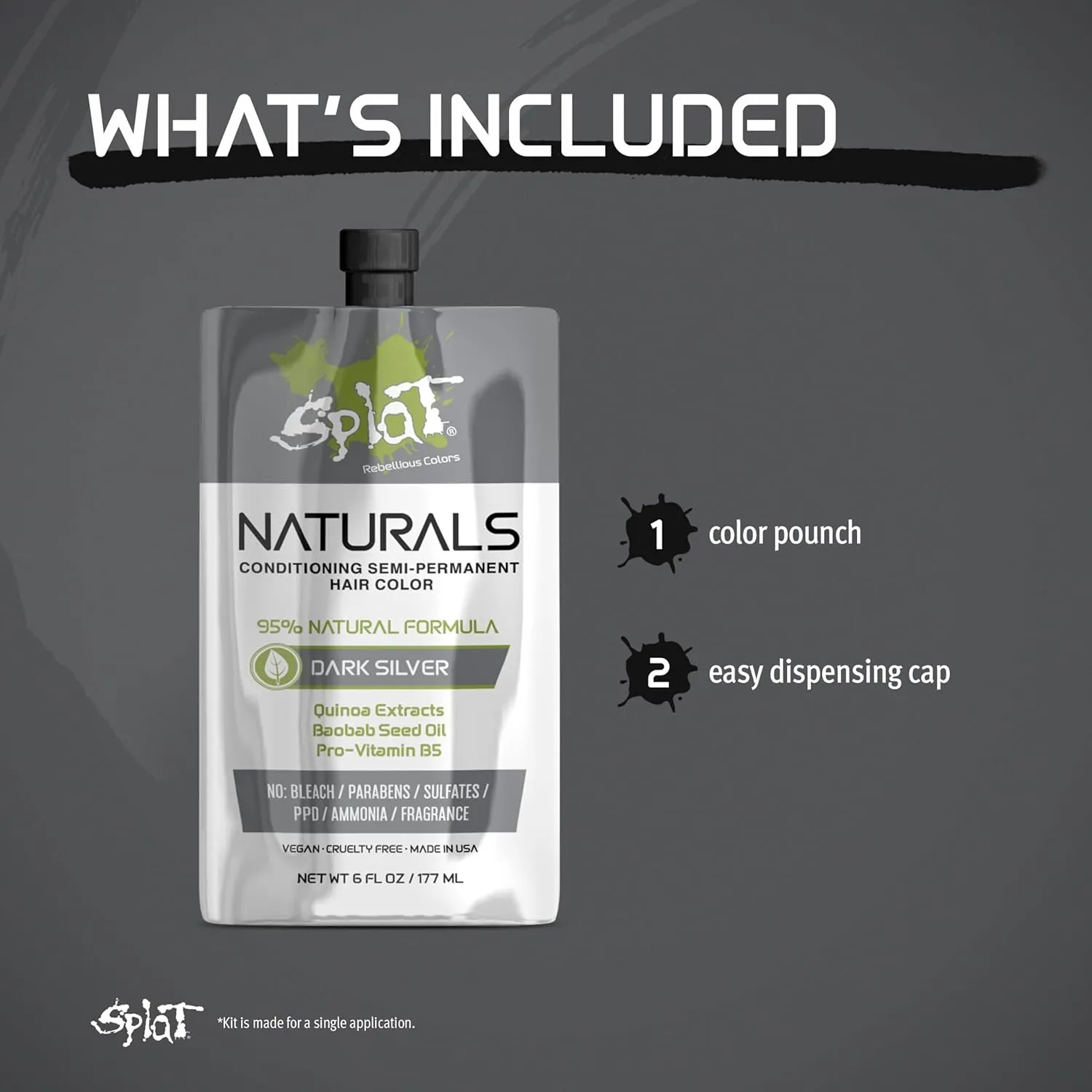 Splat Naturals Semi-Permanent Hair Color, Dark Silver, 6 fl. oz., 95% Natural Hair Dye Formula Lasts Up to 30 Washes, Vegan & Cruelty-Free