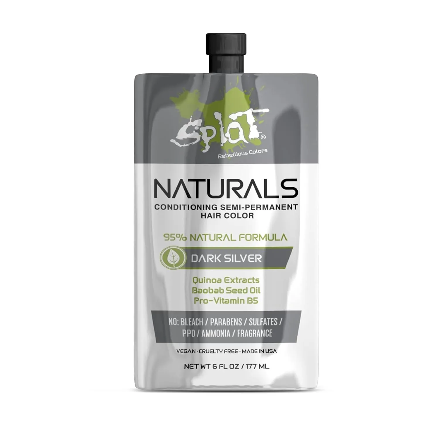 Splat Naturals Semi-Permanent Hair Color, Dark Silver, 6 fl. oz., 95% Natural Hair Dye Formula Lasts Up to 30 Washes, Vegan & Cruelty-Free