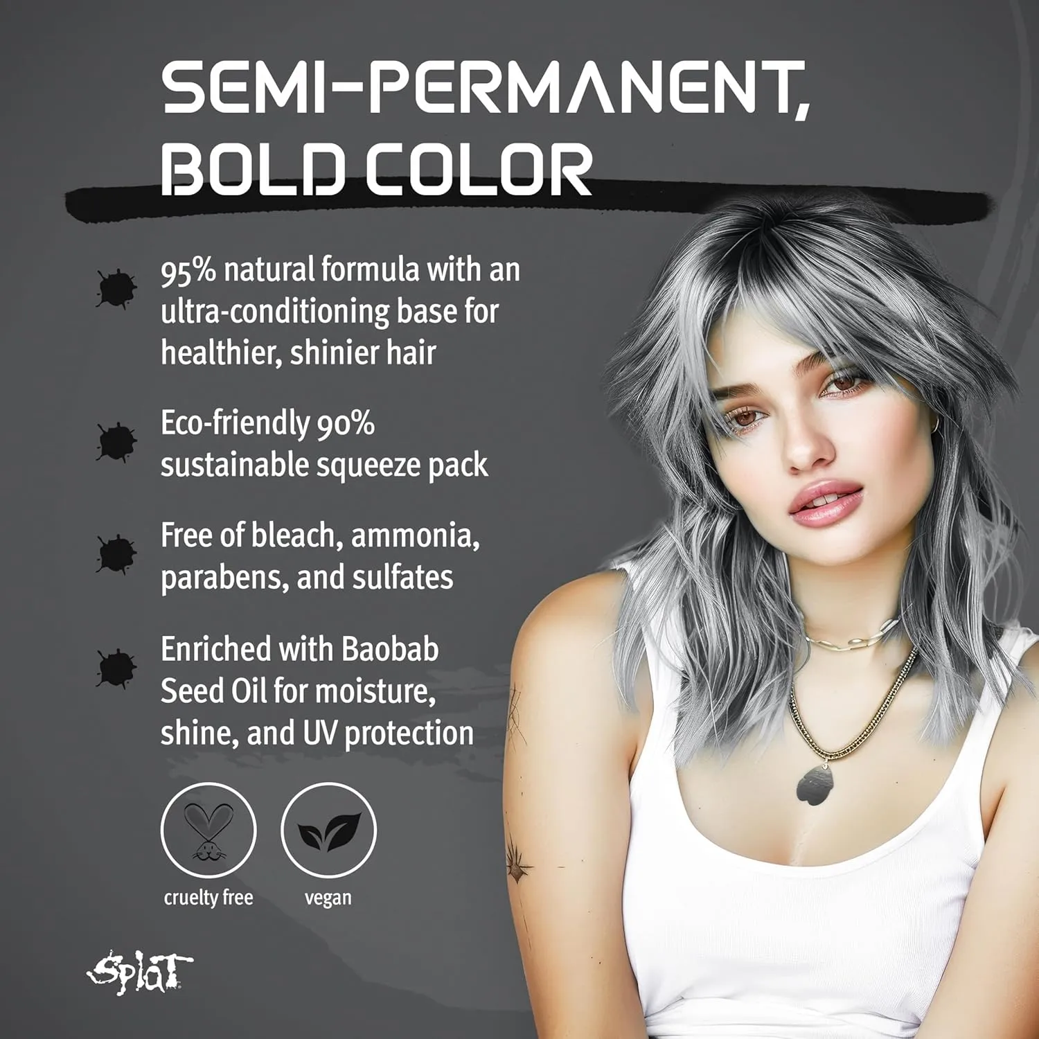 Splat Naturals Semi-Permanent Hair Color, Dark Silver, 6 fl. oz., 95% Natural Hair Dye Formula Lasts Up to 30 Washes, Vegan & Cruelty-Free