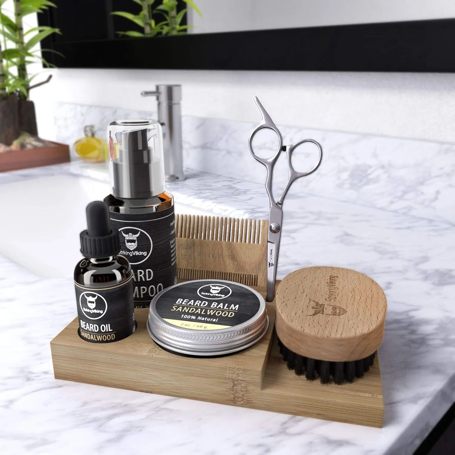 Striking Viking Beard Grooming Kit for Men with Shampoo, Oil, Balm, Brush, Wooden Comb, Mustache Scissors - 7-Piece Sandalwood Caddy for Beard Growth