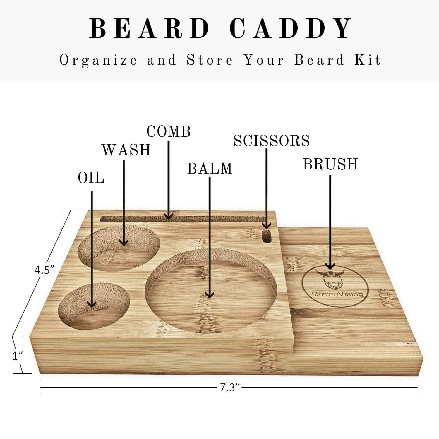 Striking Viking Beard Grooming Kit for Men with Shampoo, Oil, Balm, Brush, Wooden Comb, Mustache Scissors - 7-Piece Sandalwood Caddy for Beard Growth