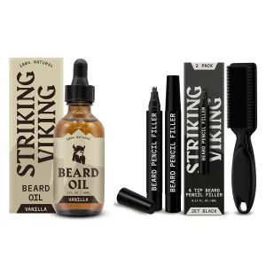 Striking Viking Vanilla Beard Oil (Large 2 oz.) and 4-Tip Beard Pencil Filler for Men (2 pack) with Brush