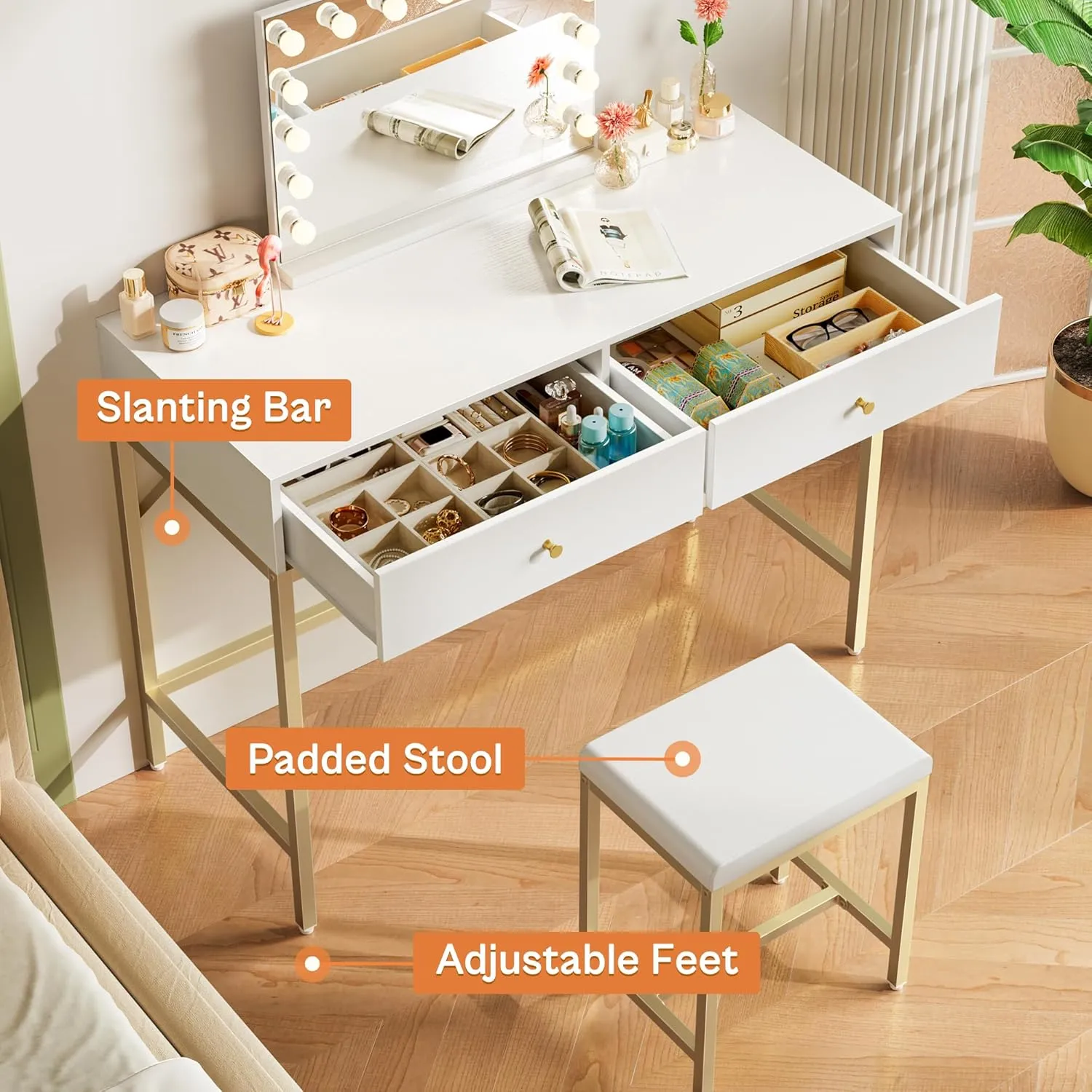 SUPERJARE 35.4" White and Gold Desk with 2 Drawers, Modern Makeup Vanity with Padded Stool, Small Computer Desk Home Office Desk for Writing Study Bedroom