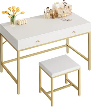 SUPERJARE 35.4" White and Gold Desk with 2 Drawers, Modern Makeup Vanity with Padded Stool, Small Computer Desk Home Office Desk for Writing Study Bedroom