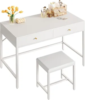 SUPERJARE 35.4" White Desk with 2 Drawers, Modern Makeup Vanity with Padded Stool, Small Computer Desk Home Office Desk for Writing Study Bedroom