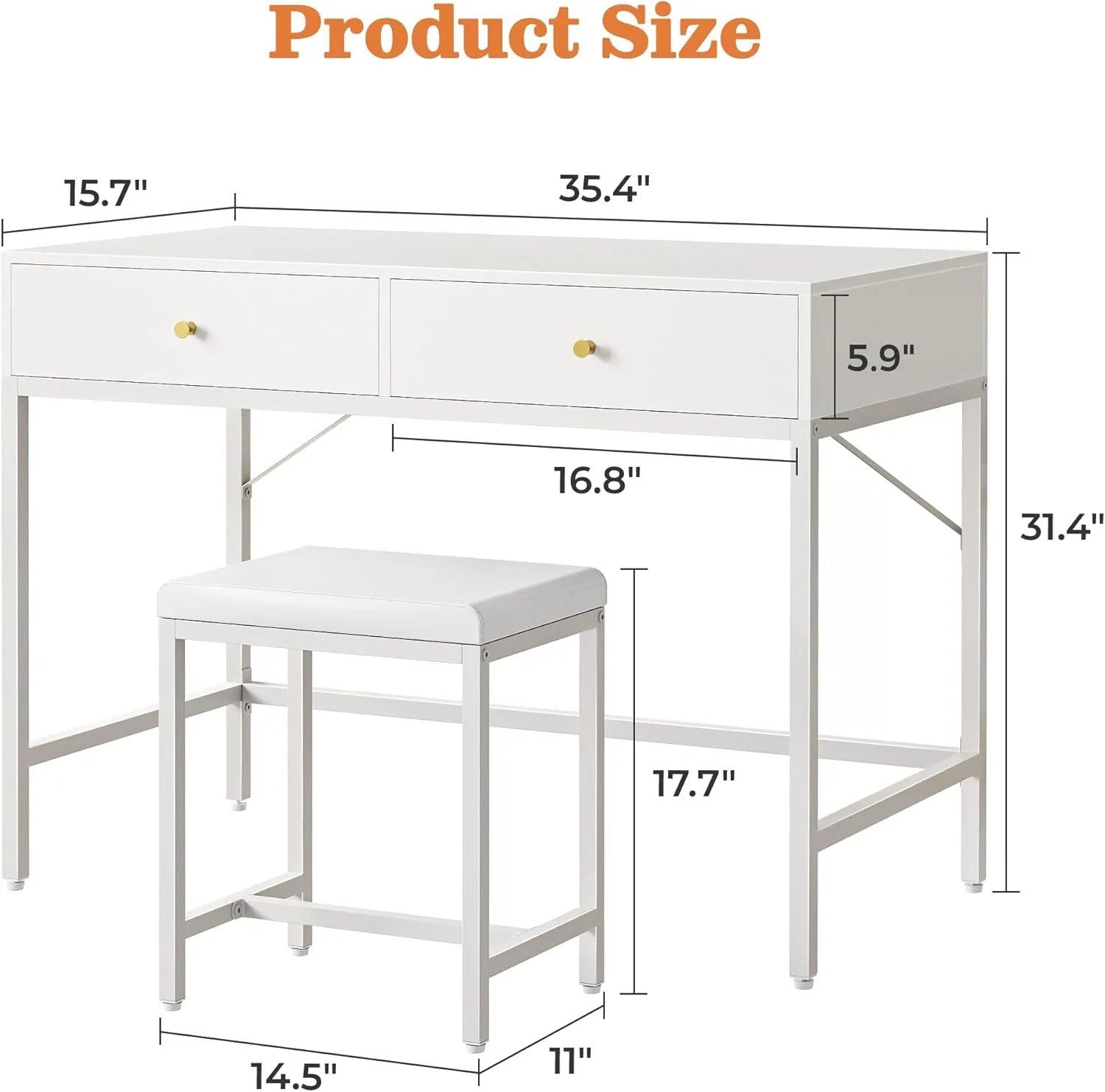 SUPERJARE 35.4" White Desk with 2 Drawers, Modern Makeup Vanity with Padded Stool, Small Computer Desk Home Office Desk for Writing Study Bedroom