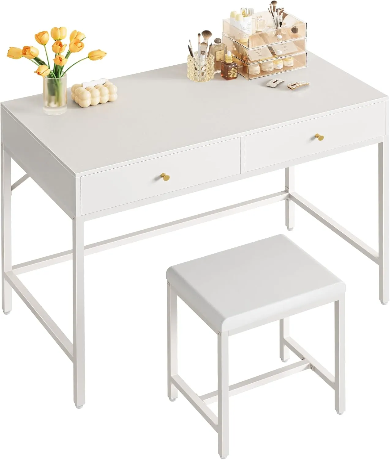 SUPERJARE 35.4" White Desk with 2 Drawers, Modern Makeup Vanity with Padded Stool, Small Computer Desk Home Office Desk for Writing Study Bedroom