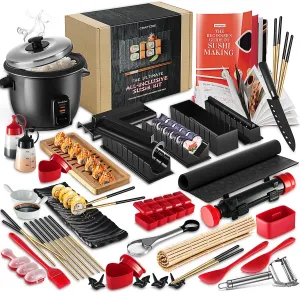 Sushi Making Kit - Complete Sushi Maker Kit with Bazooka Roller, Rice Cooker, Onigiri, Nigiri & Musubi Mold, Rice Ball Mold, Bamboo Rolling Mat, Knife, Guide Book & More