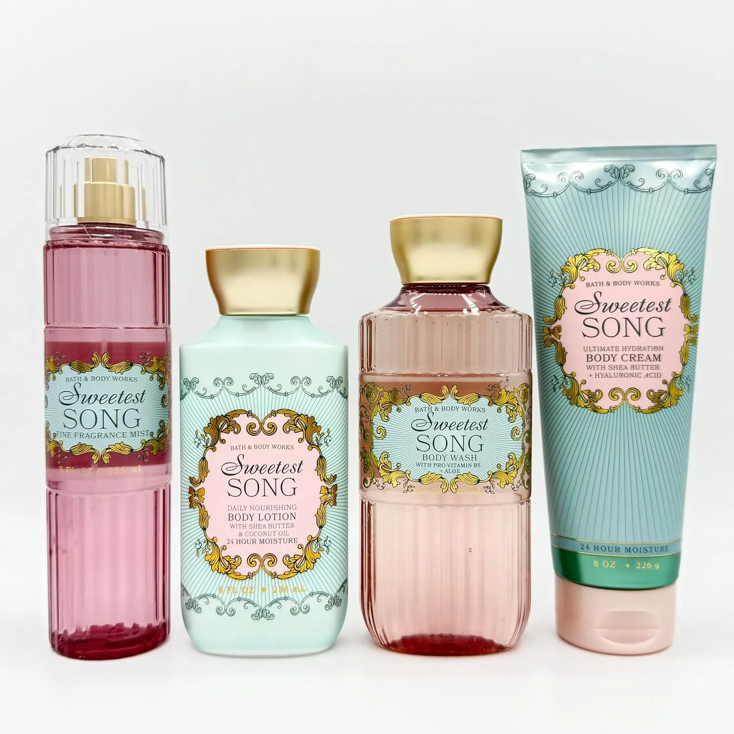 Sweetest Song 4-Piece Bath & Body Bundle | Fine Fragrance Mist, Daily Nourishing Body Lotion, Body Wash and Ultimate Hydration Body Cream