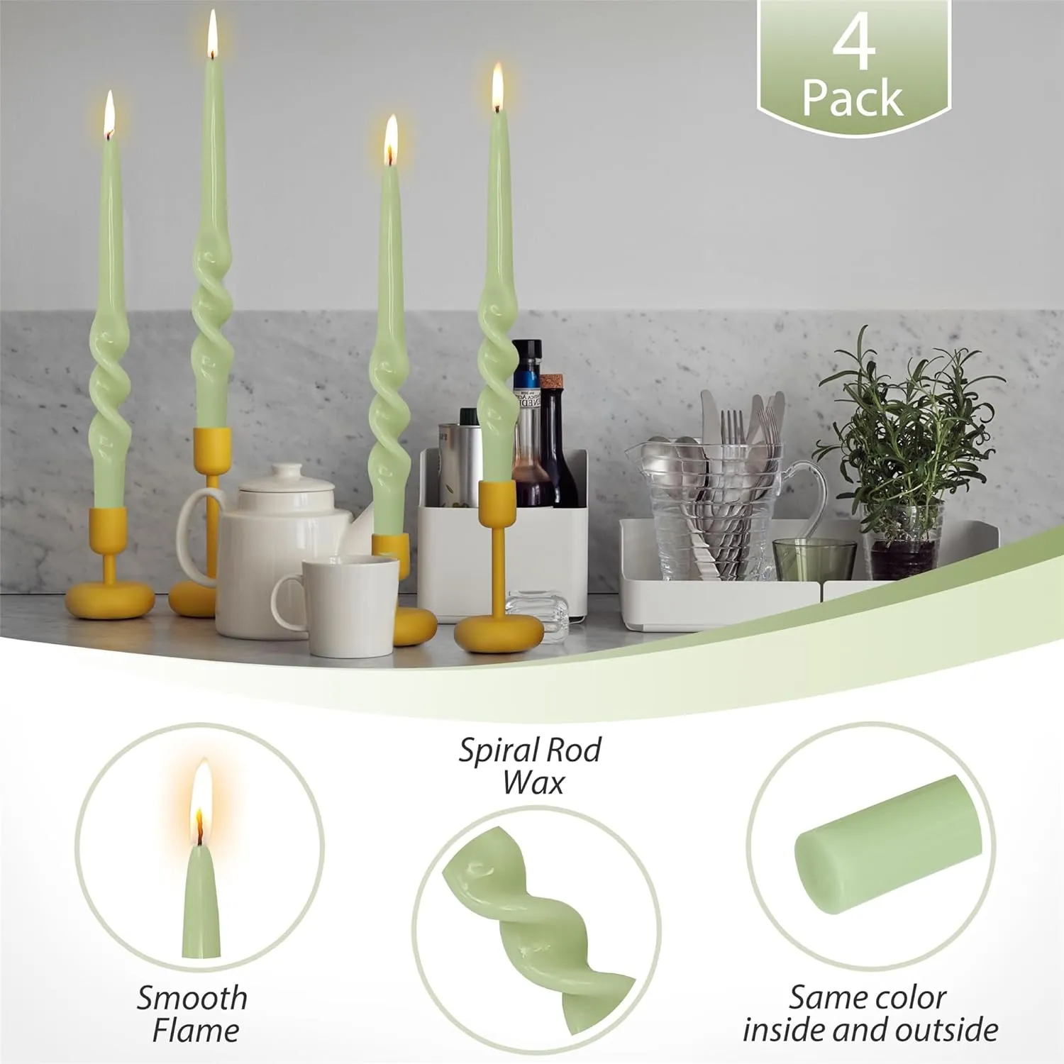 Swirl Tapered Candle Twisted Candlesticks,Set of 4 Green Candle Stick 9inches Spiral Taper Candles Long Twist Candle for Anthropologie Home Décor Dinner Women Gifts (3D4PC-GREEN)