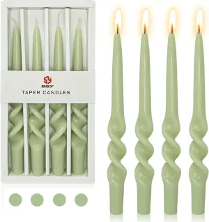 Swirl Tapered Candle Twisted Candlesticks,Set of 4 Green Candle Stick 9inches Spiral Taper Candles Long Twist Candle for Anthropologie Home Décor Dinner Women Gifts (3D4PC-GREEN)