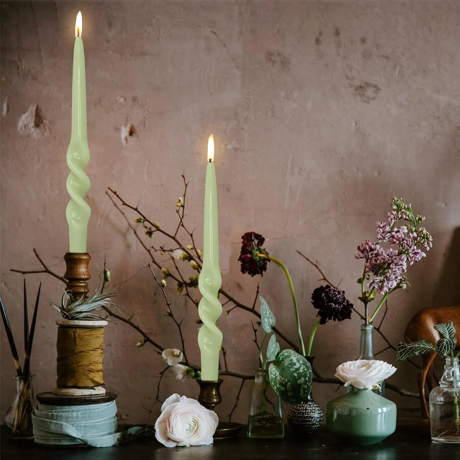 Swirl Tapered Candle Twisted Candlesticks,Set of 4 Green Candle Stick 9inches Spiral Taper Candles Long Twist Candle for Anthropologie Home Décor Dinner Women Gifts (3D4PC-GREEN)