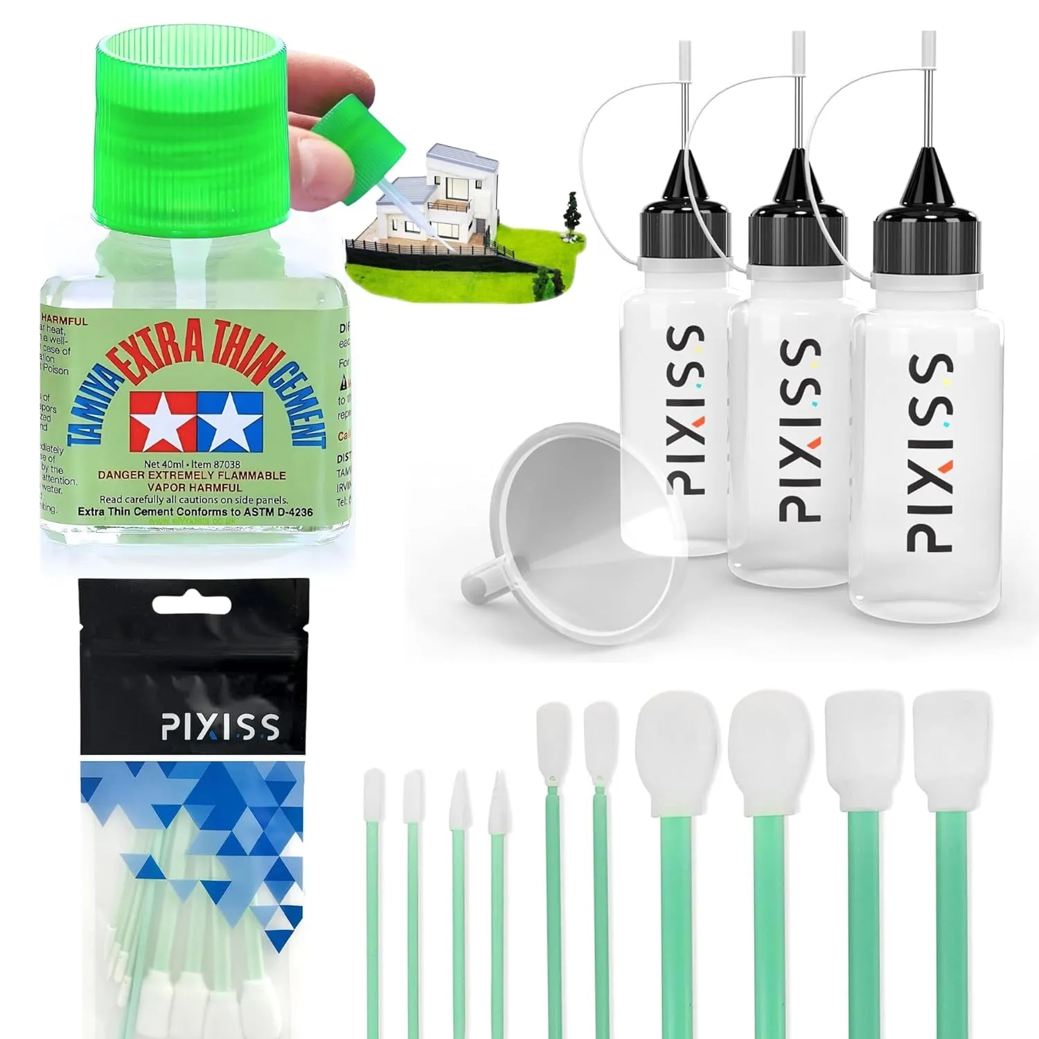 Tamiya Extra Thin Cement for Plastic Models with Pixiss Blending Swabs, 3 Needle Tip Squeeze Bottles, and Funnel - Glue for Miniatures, Model Cars