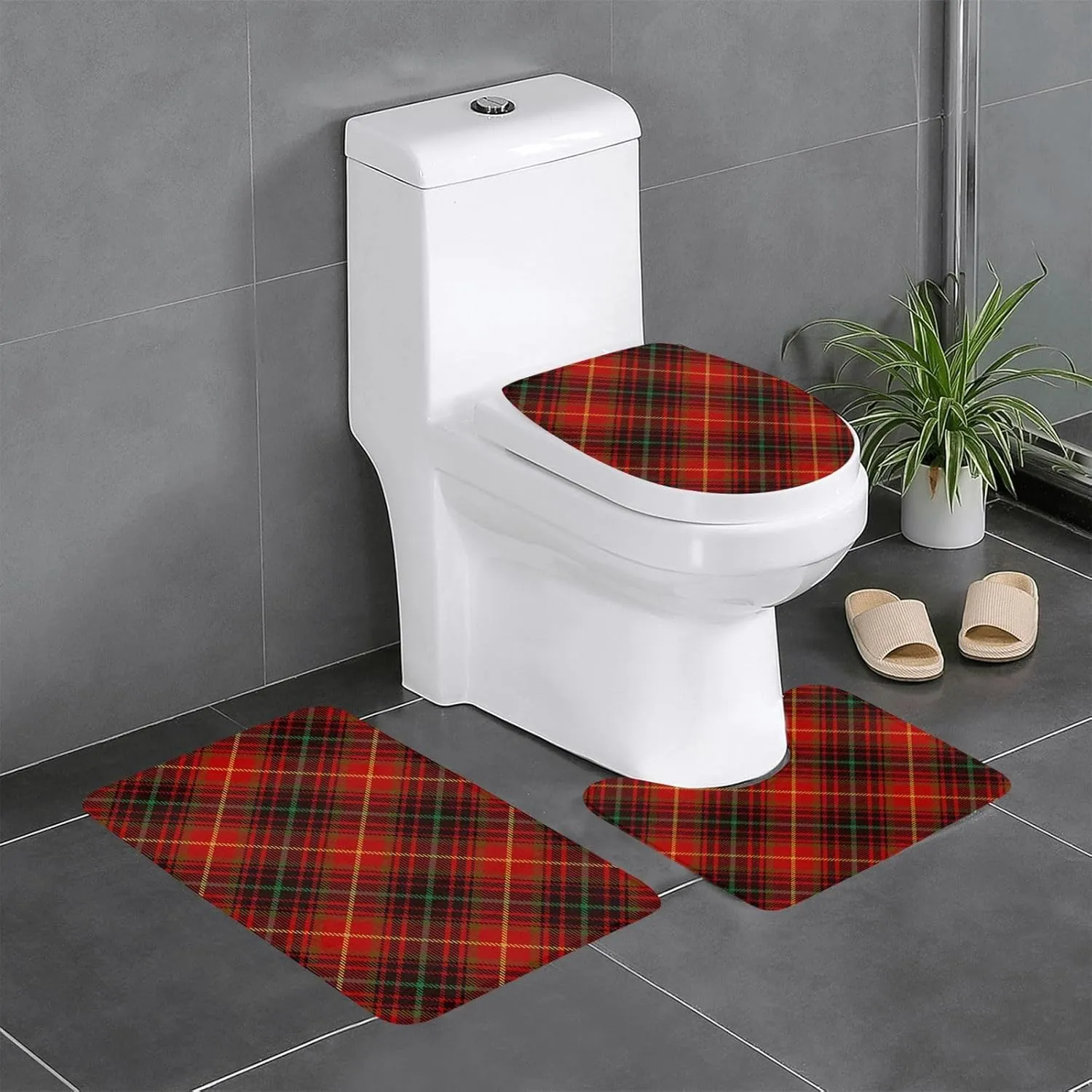 Tartan-Red-Green-Gold-and-Black-Color-Plaid-Flannel-Shirt-S-Trend 3-Piece Set of Flannel Bath Mats, Highly Absorbent Toilet Seat, and Soft Plush Bathtub Mat Floor Measuring 24 X 16 Inches.