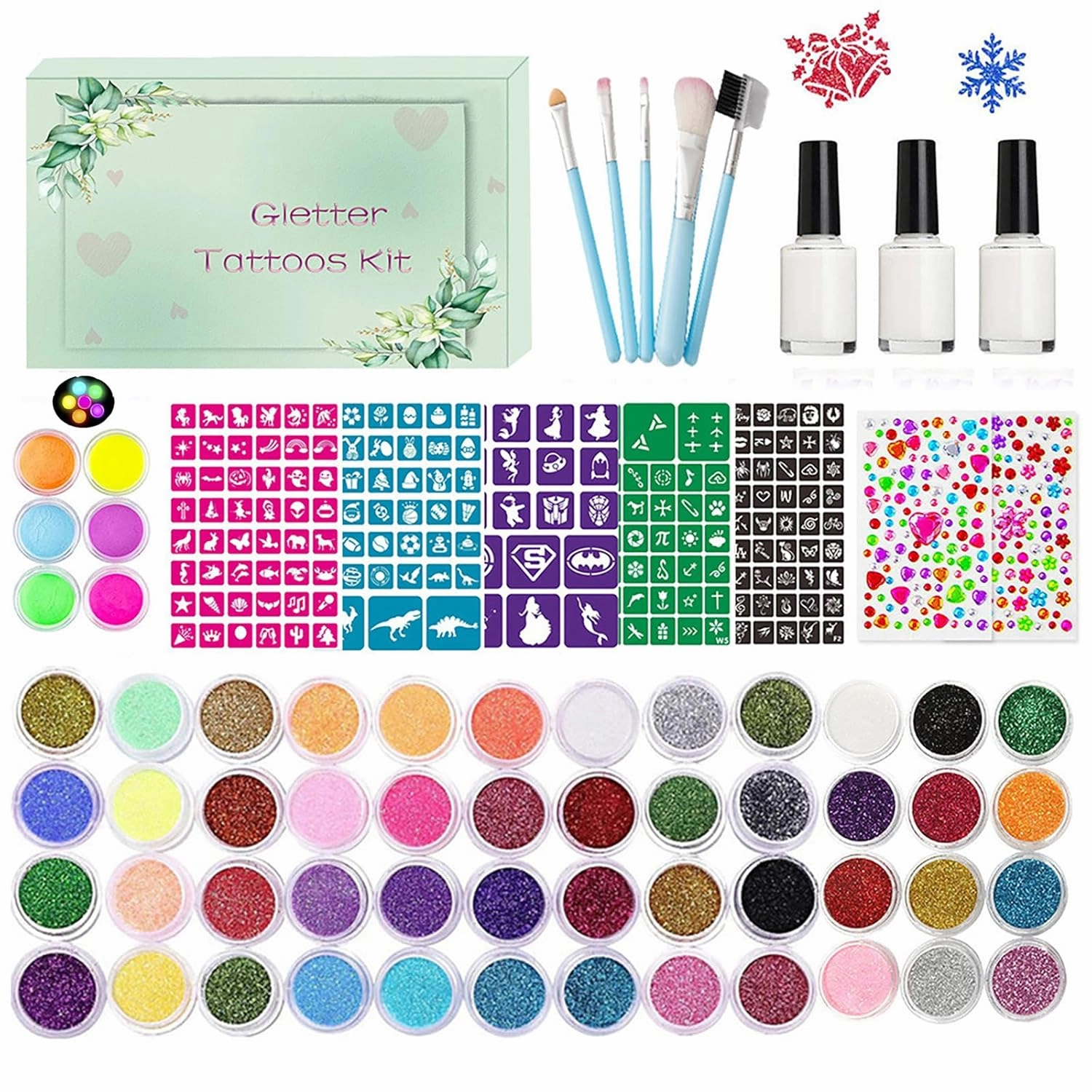 Temporary Glitter Tattoos Kit for Kids 48 Colors 6 Fluorescent 207 Stencils 2 Diamond Stickers 3 Glue 5 Brushes Arts Make Up Kit Party Christmas Halloween
