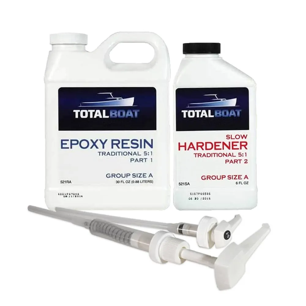 TotalBoat 5:1 Marine Epoxy Resin Kit for Bonding, Filleting, Coating, and Laminating - Use for Fiberglass, Wood, Carbon Fiber, Boat Building, Repairs, Woodworking (Quart, Slow Hardener, Pumps)
