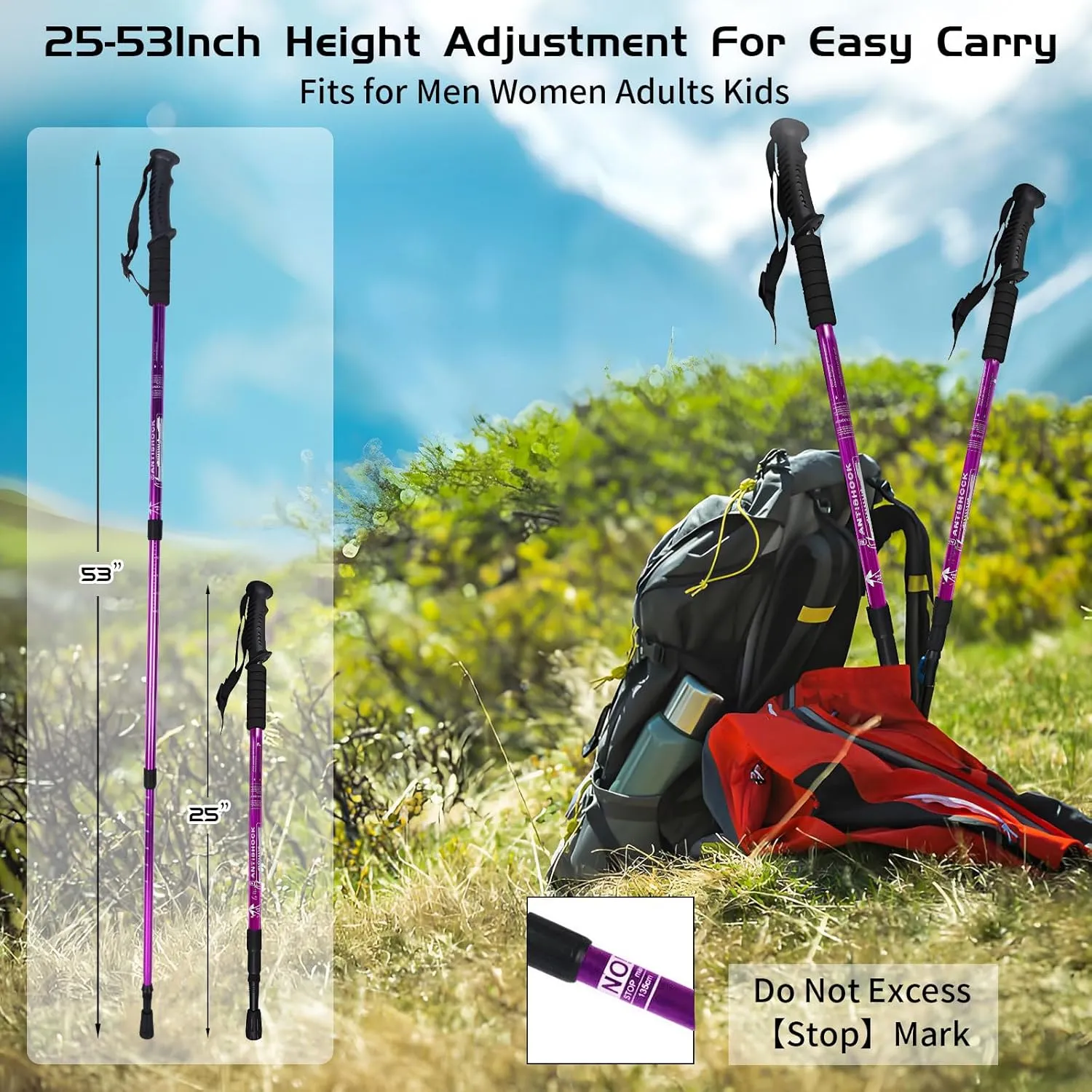Trekking Poles, Adjustable Telescopic 3-Section Hiking Poles, Lightweight Aluminum Trekking Poles for Hiking, Backpacking, Anti-Shock Walking Sticks for Men Women Kids, 2Pack