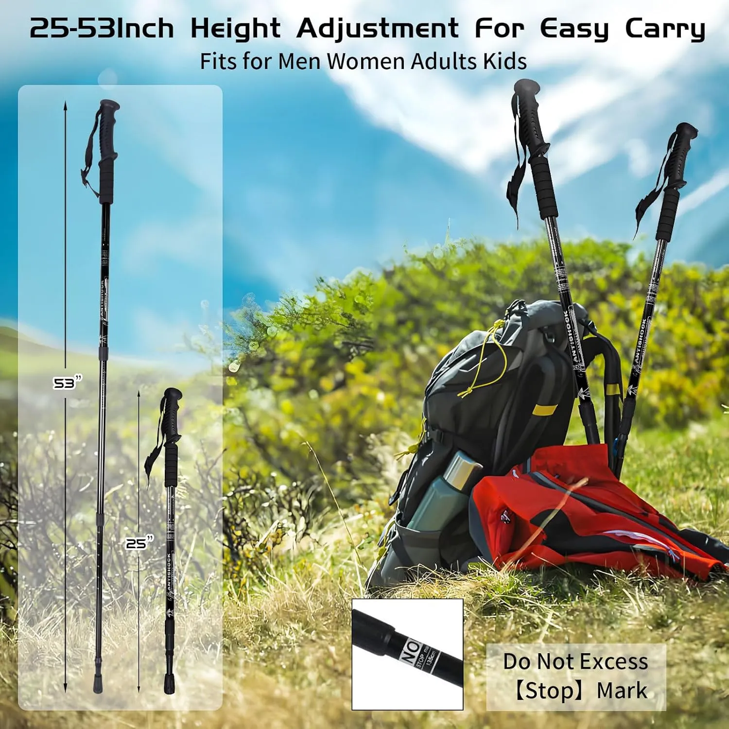 Trekking Poles, Adjustable Telescopic 3-Section Hiking Poles, Lightweight Aluminum Trekking Poles for Hiking, Backpacking, Anti-Shock Walking Sticks for Men Women Kids, 2Pack