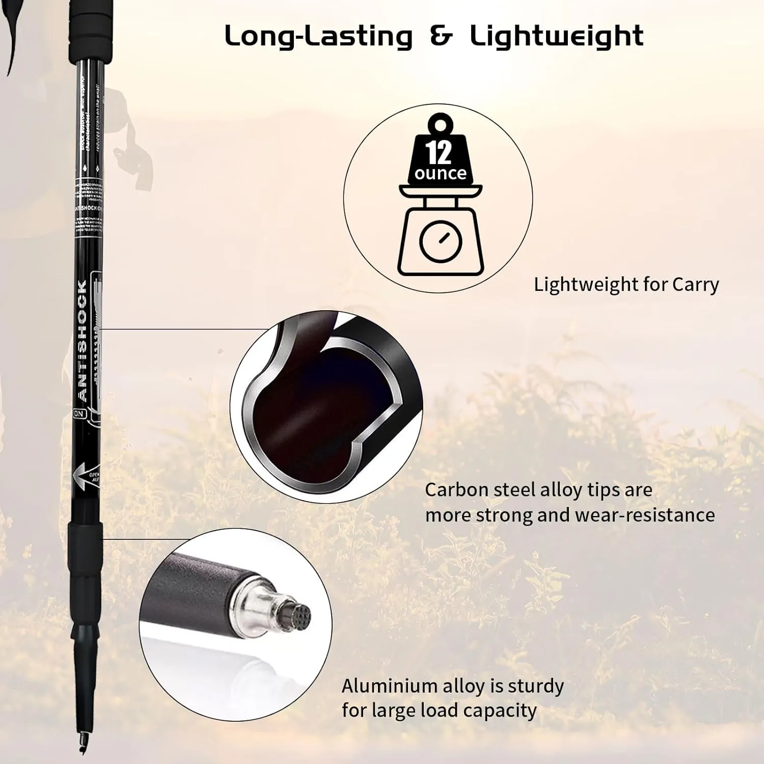Trekking Poles, Adjustable Telescopic 3-Section Hiking Poles, Lightweight Aluminum Trekking Poles for Hiking, Backpacking, Anti-Shock Walking Sticks for Men Women Kids, 2Pack